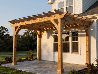 Completed cedar pergola over a backyard patio photographed in golden hour light, showing full structure with cross-beam rafters, attached to a Delaware home with stone patio below
