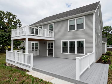 Wide-angle daylight shot of a newly completed two-level composite deck on a Delaware residential home, viewed from the yard — clean railing lines, deck boards running diagonally, overcast soft light