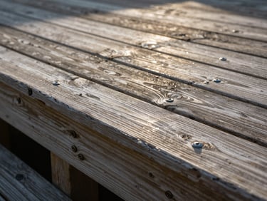 Close-up detail of a refinished deck surface on a Delaware home, new composite boards replacing weathered wood, photographed in morning light showing material texture and fresh fasteners
