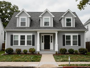 Exterior of a Delaware home after renovation showing new siding, trim, and updated front entry photographed in overcast daylight from the sidewalk, full facade visible