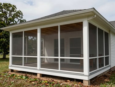 Finished screened porch on a Delaware home photographed in overcast daylight, showing full structure from the yard, screen panels, painted columns, and wood ceiling detail