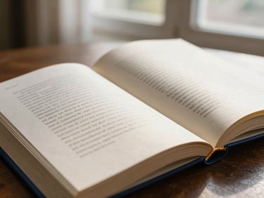 Tactile book-focused layout showing an open book with elegant typography on warm paper-white pages, soft natural window light, shallow depth of field