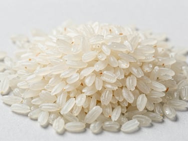 Technical straight-on shot of premium long-grain white rice on a clean slate background, sharp focus, natural daylight