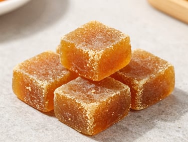 Macro clean shot of golden jaggery blocks on a neutral stone surface, high-contrast shadows, bright natural light