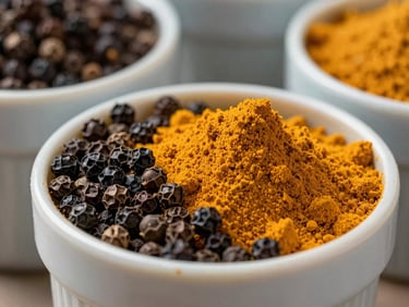 Macro shot of whole black peppercorns and vibrant turmeric powder in clean industrial storage, rich organic tones