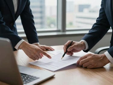 Medium shot of two professionals reviewing a contract document at a desk near a window, natural daylight, office environment with city buildings visible in background, focus on hands and paperwork