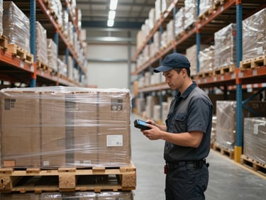 Interior of a large logistics warehouse in daylight, a worker scanning pallets with a handheld device, shelving racks receding into the background