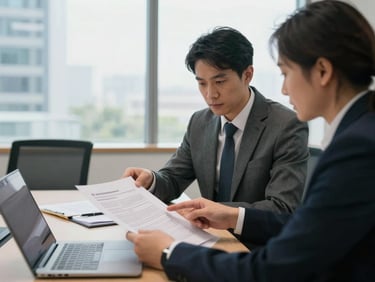 Medium shot of two professionals reviewing documents at a conference table in a bright office, one pointing at a printed report, daylight through large windows