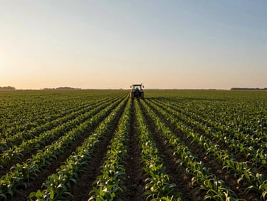 Wide shot of a large agricultural field at dawn, a worker operating a tractor in the middle distance, rows of crops stretching to the horizon under warm early light