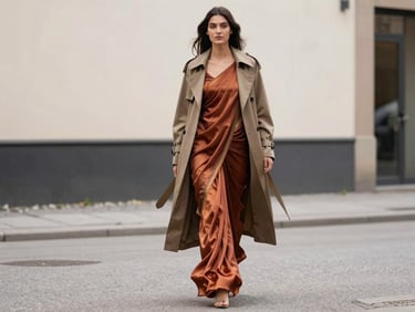 An elegant model wearing a draped silk saree paired with a structured trench coat, walking down a clean Stockholm street, soft natural Scandinavian daylight, editorial fashion photography