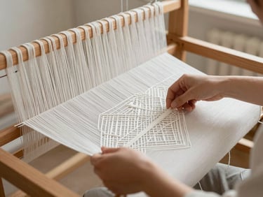 Hands of an artisan weaving intricate white geometric patterns on a sheer cotton loom, soft focus, warm natural workshop light.
