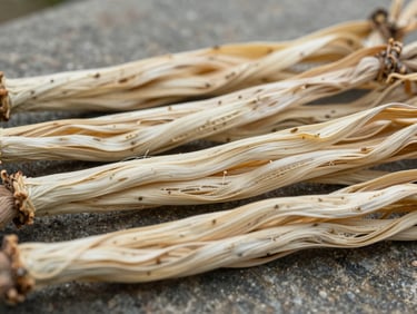Close-up of pale water hyacinth fibre bundles laid flat on a stone surface, overcast afternoon light revealing the fine cellular structure and natural cream-to-tan colour variation of the dried plant