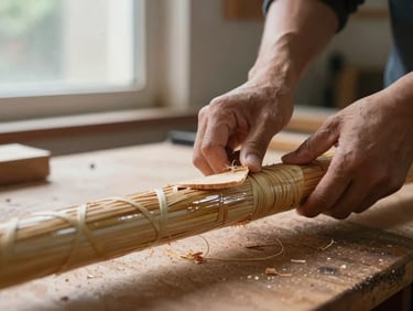 Hands splitting a length of natural rattan cane on a workshop bench, north-facing window light catching the gloss of the freshly cut cross-section, wood shavings visible at the base