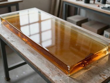 Amber epoxy tabletop casting at the moment of demoulding, studio bench under soft diffused daylight, the near-glass surface reflecting the workshop ceiling without distortion