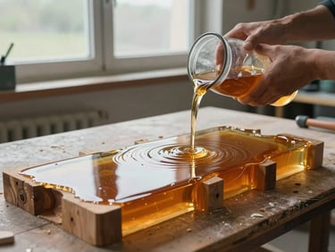 Production still of epoxy being poured into a river table mould on a workshop bench, reclaimed wood pieces visible in amber resin, soft overcast daylight through a north-facing window, hands steadying the pour vessel