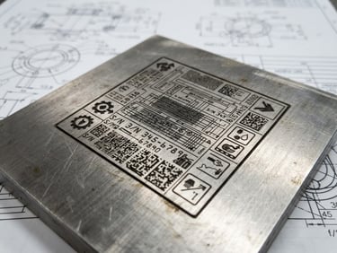 Macro industrial shot of precision laser engraving on a heavy-duty metallic plate, high contrast neutral daylight, technical blueprint lines in background, sharp focus, 50mm lens
