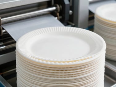 A stack of freshly manufactured paper plates feeding out of a high-speed forming machine, sharp focus
