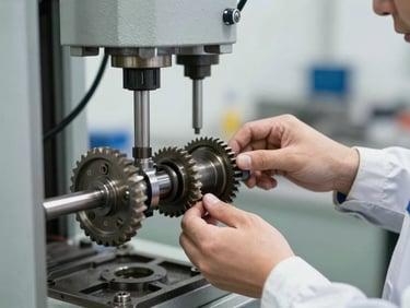 An engineer in a clean uniform adjusting the mechanical gears of a hydraulic press, detailed macro shot