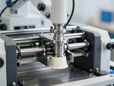 Detailed close-up of paper cup forming machine, automated steel mechanical arms, bright clean industrial studio lighting