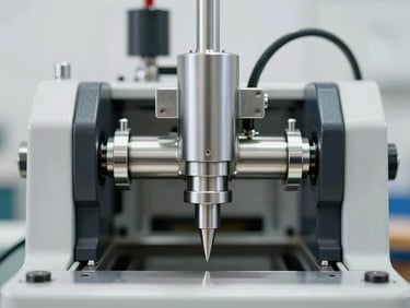 Straight-on technical shot of a compact dona making machine, metallic components, sharp depth of field