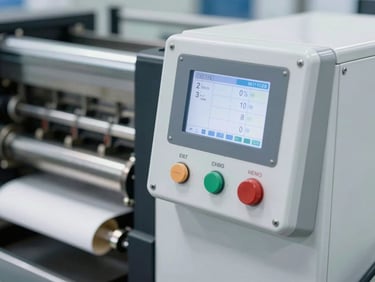 Close-up of a calibrated digital control panel on an active paper cup making machine, bright workshop light