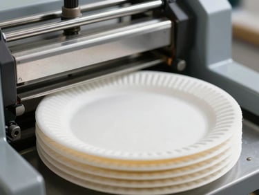 Sharp macro shot of paper plate making machine in active operation, clean paper plates stacking under bright workshop light