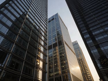 Low-angle shot of modern glass skyscrapers reflecting dramatic sunlight, steel framework visible, highly detailed