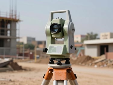 Close-up of a surveyor's total station instrument on a tripod against a blurred background of an African urban construction site at midday, precision optics in sharp focus, concrete structures rising in the distance