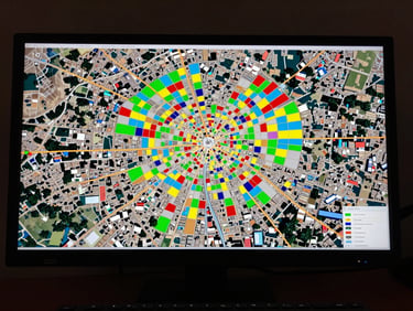 Top-down orthographic view of a GIS map on a monitor screen in a dark control room, colored vector layers showing road networks and land parcels over satellite imagery of a Cameroonian city, keyboard edge visible at bottom, dramatic side lighting