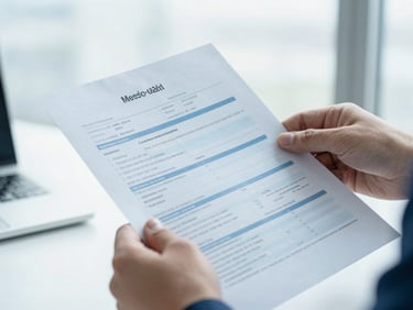 Close-up of hands reviewing an official credit report document under bright overcast light, professional corporate setting