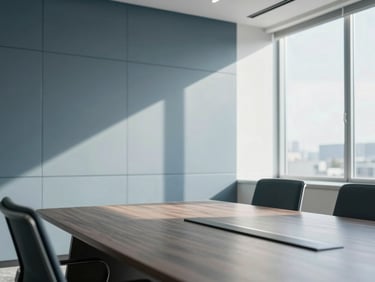 A modern South African office boardroom with soft natural window light, structured slate tones