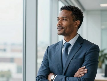 A confident South African client looking out a bright office window, hopeful expression, sharp focus