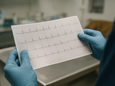Close-up of gloved veterinary hands holding an ECG printout with visible waveform traces, clinical workbench in background, bright even overhead lighting, sharp focus on the paper trace, no people's faces