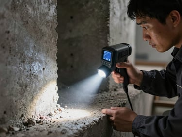 Tight macro shot of a technician in a clean dark charcoal uniform using a thermal imaging camera to inspect a concrete foundation, dramatic sharp flashlight beam cutting through shadow, high contrast.
