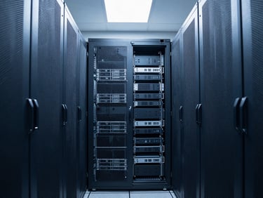 Symmetrical architectural crop of a modern server room, clean physical infrastructure, cool industrial daylight, sharp focus.