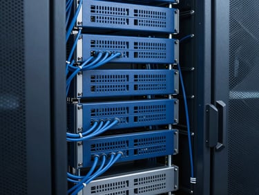 Close-up of clean server racks with meticulous cable management, deep tech blue and charcoal tones, high contrast