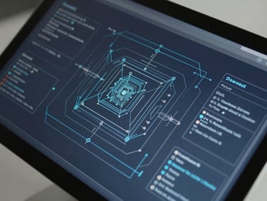 Overhead geometric view of a clean technical schematic on a high-contrast monitor screen, deep tech blue and charcoal tones.