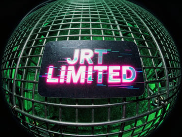 A physical-style VIP club keycard with glitchy holographic text reading JRT LIMITED, glowing pink neon underglow, resting on a dark metallic grid.