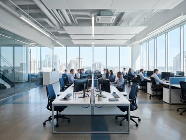 Industrial commercial photography, wide environmental shot of a clean modern office workspace with modular desks perfectly aligned, bright natural daylight, crisp corporate blue and steel tones.