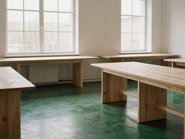 Clean Scandinavian design workshop with a polished dark green epoxy floor, light wood workbenches, large windows with soft daylight, 35mm lens.