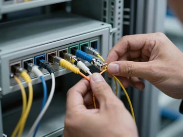 Close-up of a technician's hands terminating a fiber optic connector at a patch panel inside a network operations center, cool fluorescent task lighting, tools and fiber strands in shallow focus, no faces visible