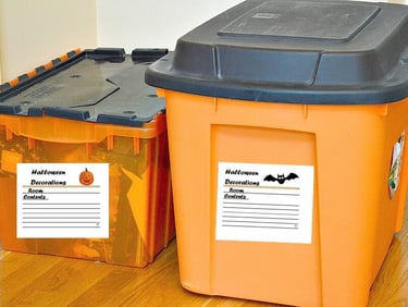 Plastic tubs with labels for Halloween decorations