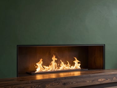 Modern minimalist fireplace with a clean golden flame, warm cozy interior light, premium atmosphere