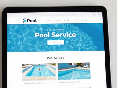 A close-up of a tablet screen showing a clean, modern pool service website layout, bright daylight, sharp focus on the mobile interface.