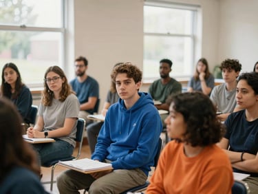 An educational workshop with diverse participants engaged in discussion, warm natural daylight streaming through windows, authentic expressions, 35mm