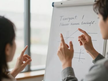 A practitioner demonstrating a concept related to Neuro-Linguistic Programming using hand gestures and a flip chart, focused and engaged, soft natural window light, muted professional tones, shallow depth of field, 35mm lens.