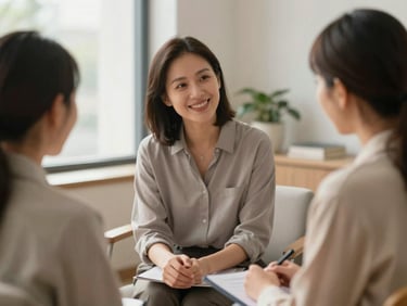 A compassionate counselor engaged in a supportive conversation with a client, warm and inviting office environment, soft natural window light, muted professional tones, shallow depth of field, 35mm lens.
