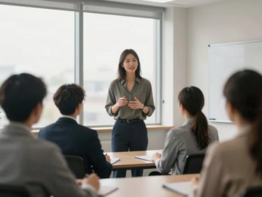 A dynamic trainer presenting to a small group in a modern corporate training room, engaging and interactive atmosphere, soft natural window light, muted professional tones, shallow depth of field, 35mm lens.