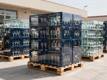 Structured interior of a clean, modern warehouse in Kabul with organized pallets of imported glassware boxes, bright daylight