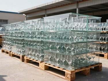 Wide-angle clean interior of a modern Kabul distribution warehouse with neatly stacked pallets of glassware, bright daylight